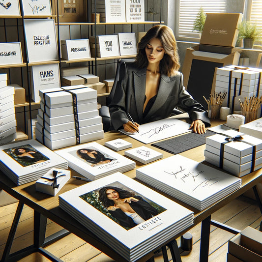 A model signing custom prints, with personalized messages and names, surrounded by high-quality prints and exclusive packaging materials.