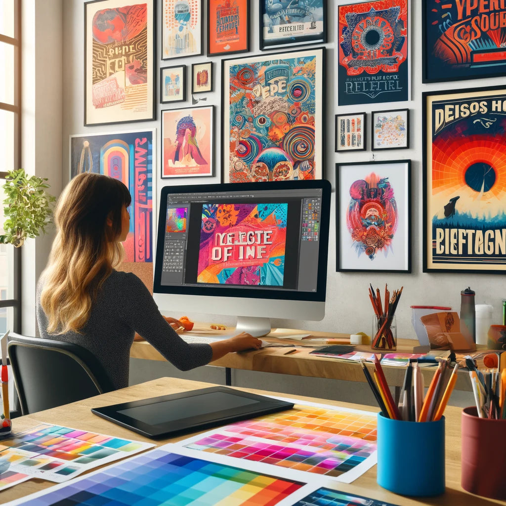 A designer working on a vibrant poster design on a computer, surrounded by colorful printed posters and design tools.