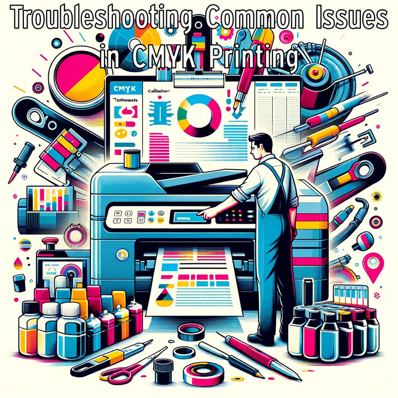 Printer Technician Adjusting a CMYK Printer, Focusing on Maintenance Calibration with Tools, Ink Cartridges, the Process of Diagnosing Resolving Printing Issues Like Color Mismatch, Banding, Streaks,Troubleshooting CMYK Print Problems