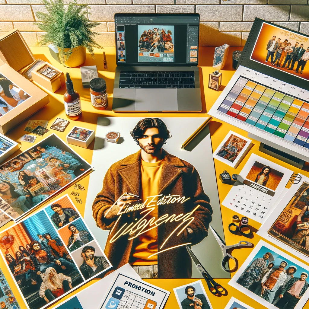 A model holding a limited edition signed poster, surrounded by various print products like custom calendars, autographed photos, and themed merchandise, with a laptop displaying a promotion on a fan platform.