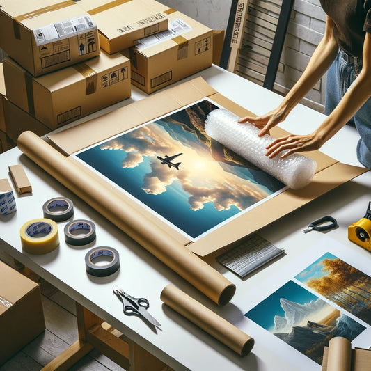 A person packaging printed merchandise, including posters and photos, into rigid mailers and cardboard tubes, with bubble wrap and packing tape on a neat, organized workspace.