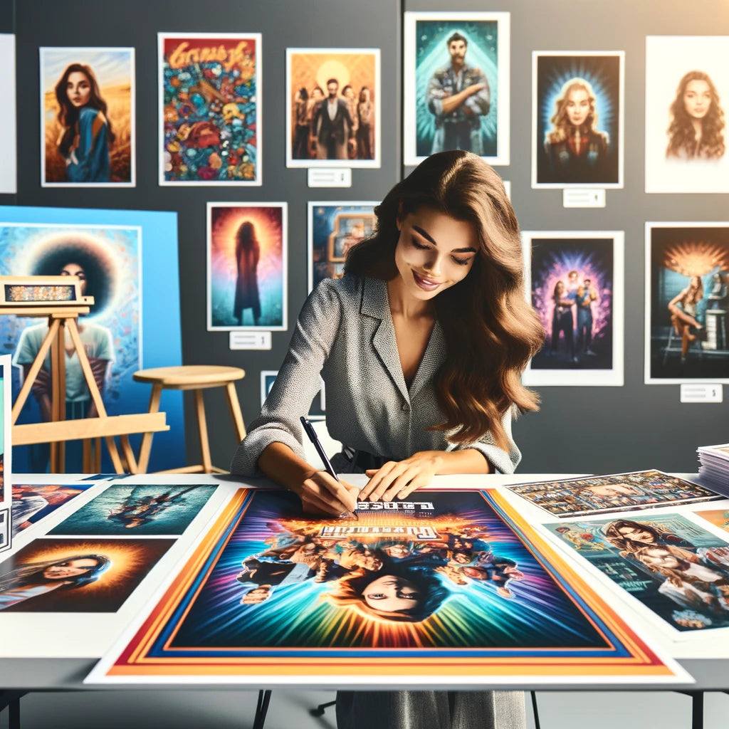 A fan-paid model signing a vibrant, high-quality poster for a happy fan.