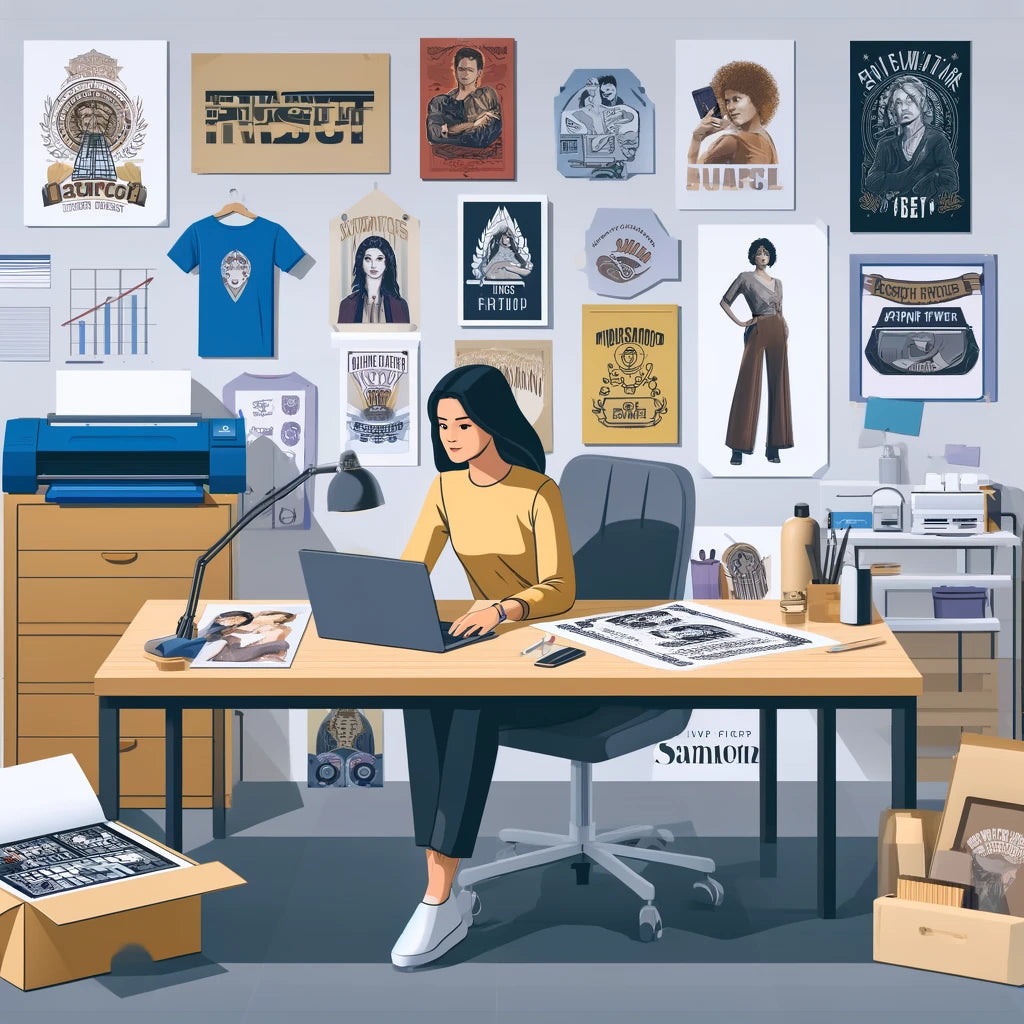 A model working on a laptop setting up an online print shop, with various printed merchandise like posters, t-shirts, and phone cases displayed around her.