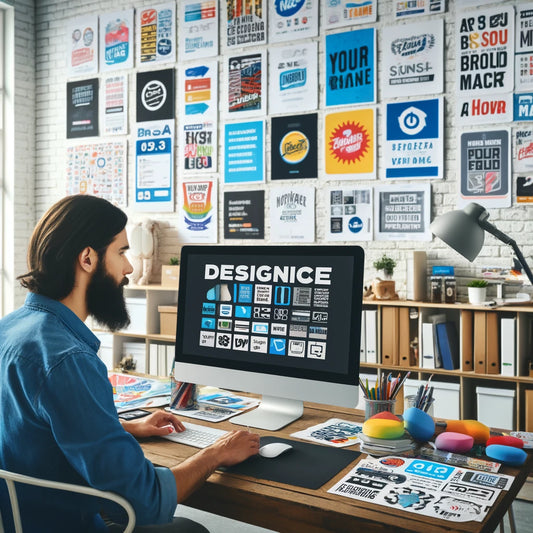 A designer working on branding materials at a desk, surrounded by high-quality printed items like posters, business cards, and stickers, with a focus on consistent colors, fonts, and styles.