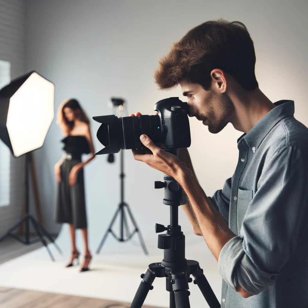 A photographer adjusting a DSLR camera on a tripod, with softbox lights and a model in the background, capturing a well-lit and composed shot.