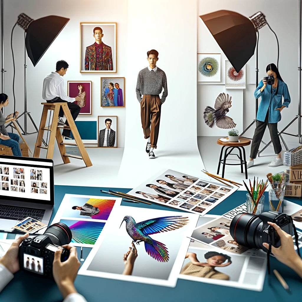 A behind-the-scenes view of a photo session with a model posing in a well-lit studio, a photographer capturing the shot, and a table displaying printed photos, posters, and a laptop showing the editing process.
