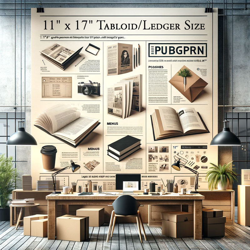 11" x 17" Tabloid/Ledger Size Paper Utilized in Various Formats like Brochures and Menus, Demonstrating Its Spacious Layout in a Professional Setting, Perfect for Detailed Advertising Materials and Creative Projects.