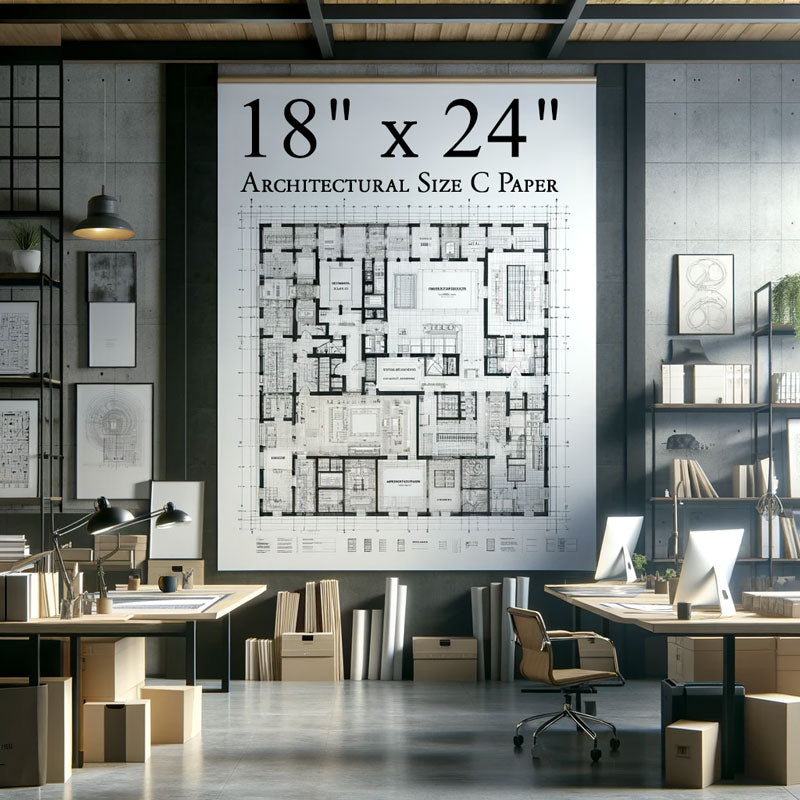 Professional Architectural Office with 18" x 24" Architectural C Size Paper Showcasing Detailed Architectural Plans and Large Posters, Emphasizing Its Precision and Creativity in Design and Artistic Projects