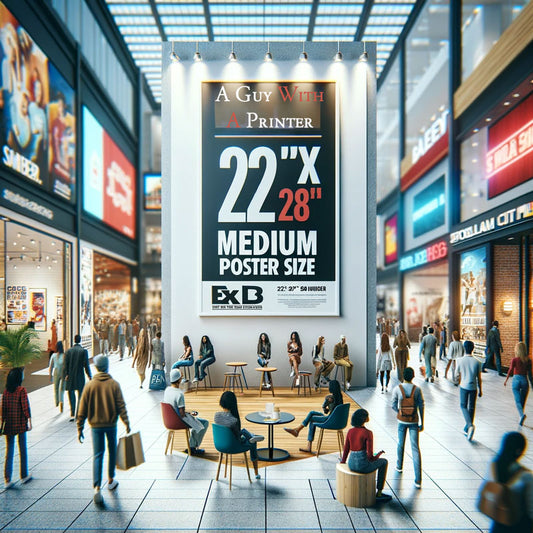Use of 22" x 28" Medium Poster Size in Retail Advertising and Event Promotion, Displayed in Busy Settings like Shopping Malls and Concert Venues, Highlighting Its Effectiveness in Capturing Public Attention.