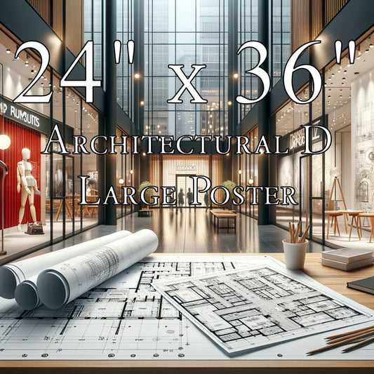 Versatile Use of 24" x 36" Architectural D Size Paper in an Architectural Studio for Blueprints, Retail Window Displays, and Eye-catching Advertising Posters, Highlighting Its Capacity for Detailed Design and Effective Visual Communication