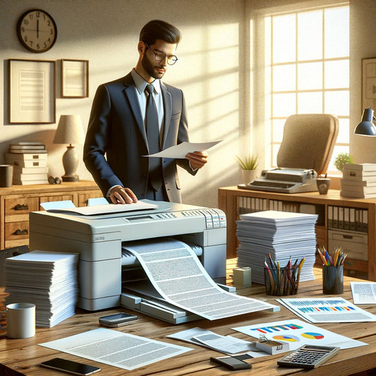 Office Environment Showcasing 8.5" x 11" Letter Size Paper in Use for Printing Documents, Demonstrating Its Standard Size and Versatility in Professional and Personal Settings.