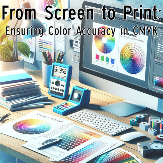 Graphic Illustration of a Designer's Workstation with a Calibrated Computer Monitor and Color Reference Guide, Highlighting the Process of Color Matching from Screen to Print in CMYK Printing, Featuring Tools for Monitor Calibration and Soft Proofing.