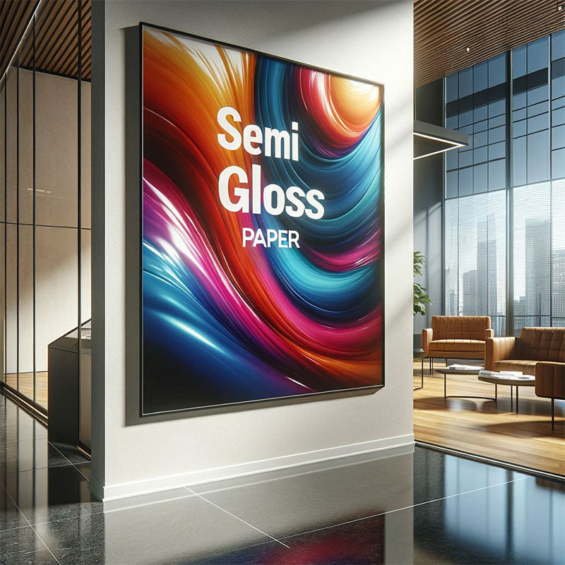 Vibrant and Sharp Poster on Semi Gloss Paper Showcased in a Professional Environment, Highlighting Quality and Elegance for Business Promotions and Artistic Displays