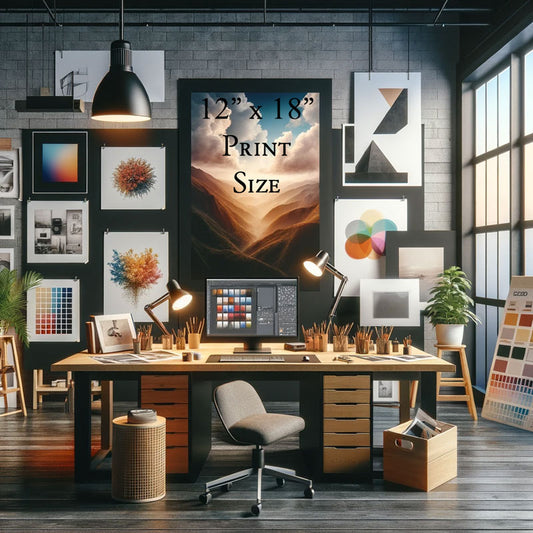 Various Uses of 12" x 18" Paper Size in a Creative Workspace, Including Large Format Photographs and Promotional Flyers, Demonstrating Its Suitability for Detailed and Impactful Designs in Photography, Art, and Marketing.