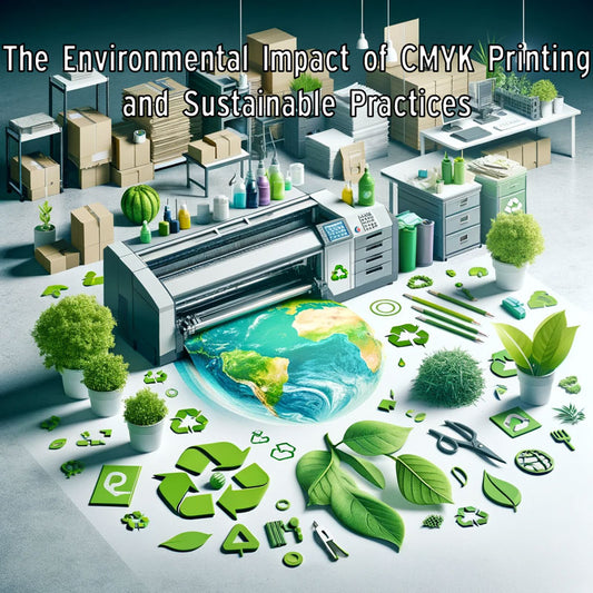 Environmentally Conscious CMYK Print Setup, Vegetable-Based Inks, Recycled Paper, Energy-Efficient Equipment, with Recycling Symbols and Eco-Certifications, showing Dedication to Minimizing Environmental Impact