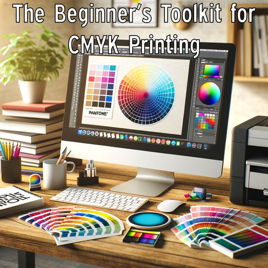 Comprehensive Toolkit for CMYK Printing Beginners, Featuring a Computer with Photoshop, Color Guides, Swatch Books, and a Printer, Representing the Necessary Equipment for Successful CMYK Printing in a Modern, Professional Setting