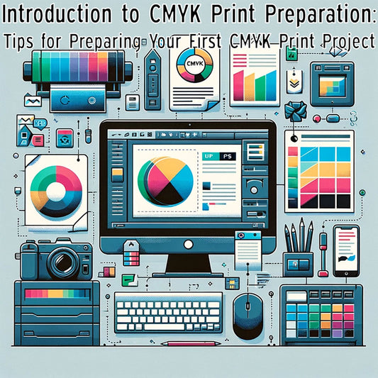 Graphic Display of CMYK Print Preparation Process, Featuring a Computer with Design Software, High-Resolution Image, CMYK Color Swatches, and File Format Icons PDF, TIFF, EPS, Illustrating Key Steps for Beginners in CMYK Printing.