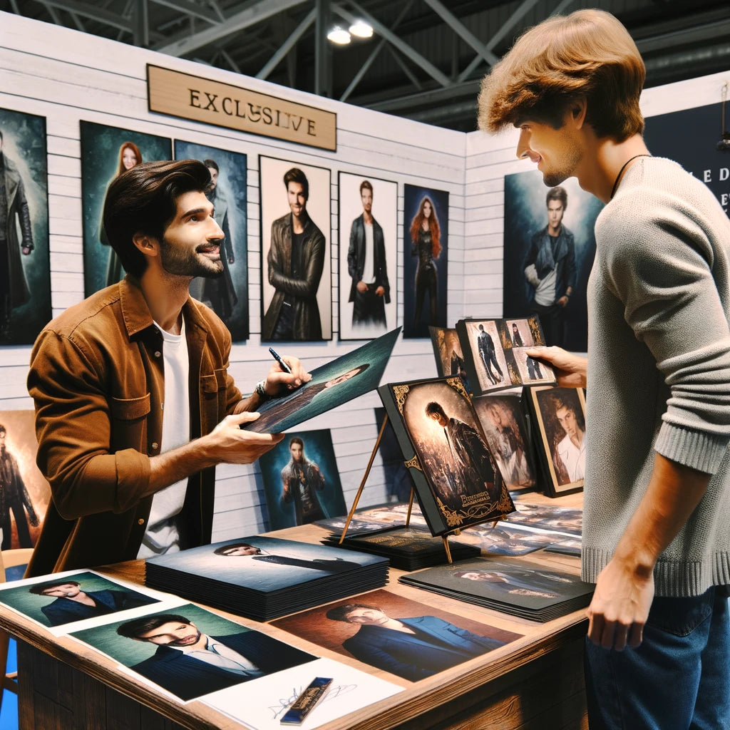 A fan-paid model presenting a signed, limited edition poster to an excited fan, with other exclusive printed merchandise displayed around them.