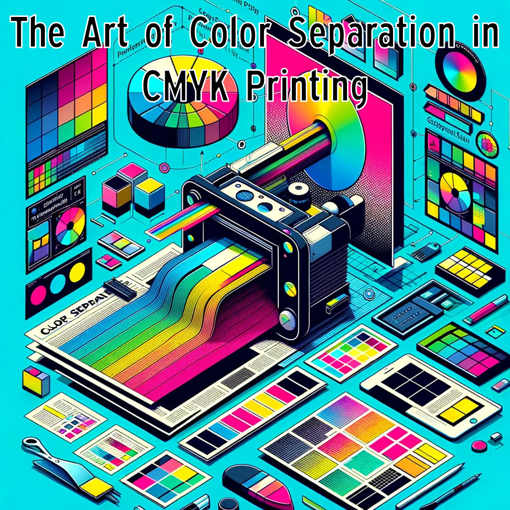Graphic Representation of Color Separation in CMYK Printing, Showcasing a Full-Color Image Broken Down into CMYK Layers - Cyan, Magenta, Yellow, and Black, Highlighting the Technical and Artistic Process Essential for High-Quality Printing.