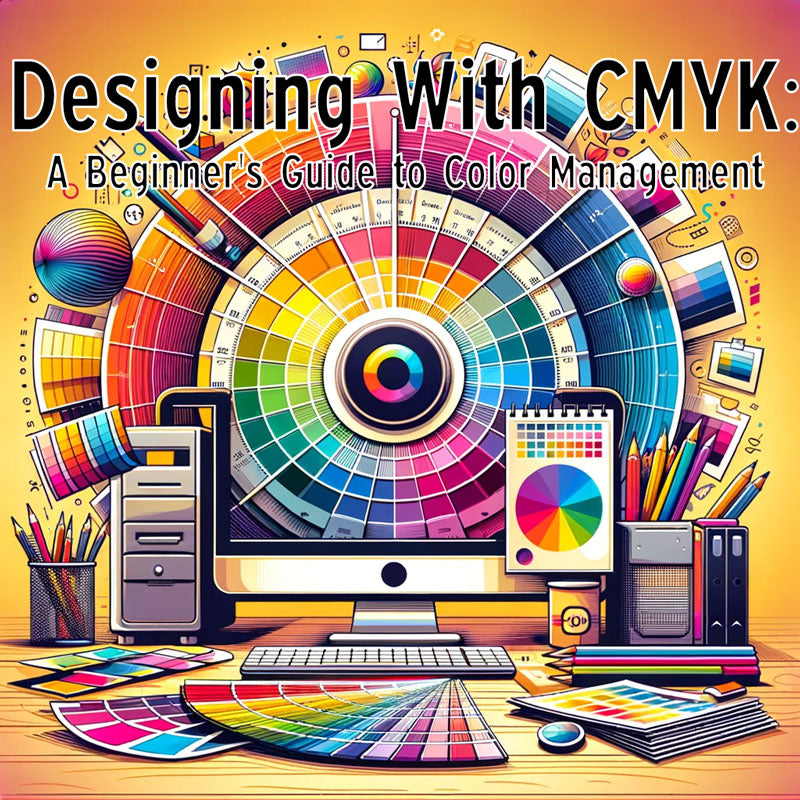 Graphic Design Workspace Illustrating CMYK Color Management with a Color Palette, Computer Monitor, and Printed Color Samples, Highlighting the Transition from Digital Design to Print and the Precision Required in Color Calibration for Print Projects.