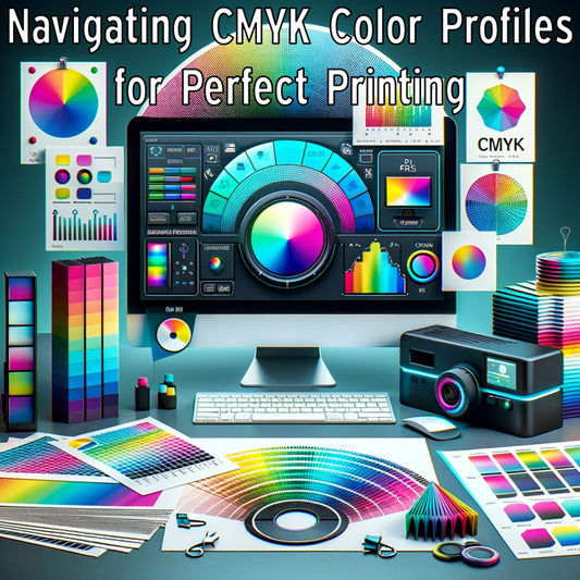 CMYK Color Print Profile Management, showing Color Management on a Computer Monitor and Printed Samples Demonstrating Variations in Color from Different CMYK Profiles, Emphasizing Accurate Color Calibration & Profile Selection for High Quality Prints