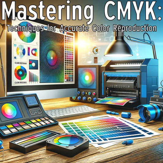 Printing Setup Displaying Advanced Color Reproduction Techniques in CMYK Printing, Featuring a Calibrated Monitor, Color Profiling Tools, and Color Proofs, Highlighting the Technical Expertise Required for Ensuring Color Fidelity in CMYK Printing