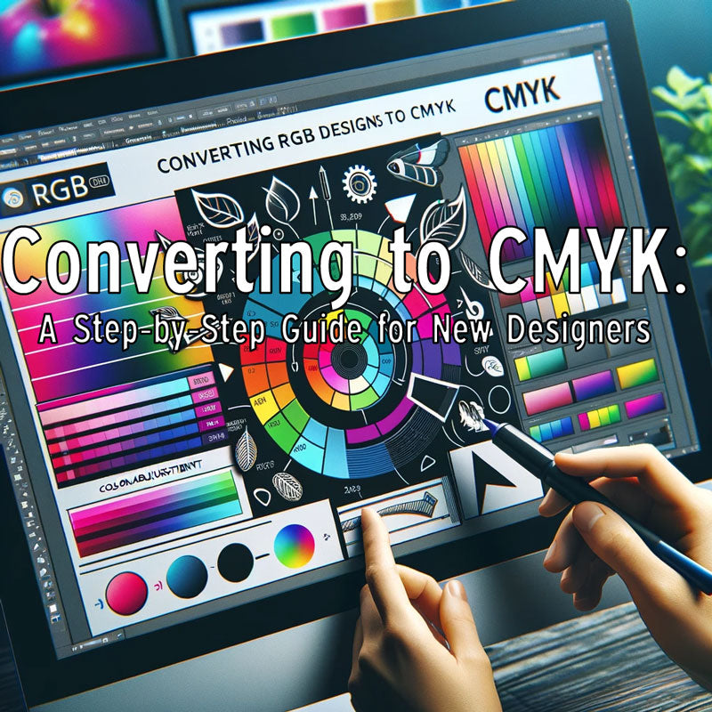 Illustration of the RGB to CMYK Conversion Process in Printing, Showing a Computer Screen with Design Software Displaying Color Adjustments, Emphasizing the Detailed Transition from RGB to CMYK and the Importance of Accurate Hue and Saturation Adjustments