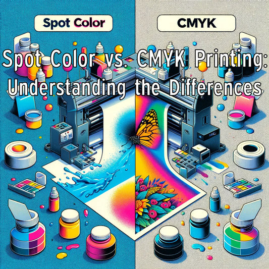The Contrast Between Spot Color and CMYK Printing, with One Side Displaying Spot Color Printing Using Pre-mixed Inks and Solid Color Print, and the Other the Colorful, Multi-Layered Process of CMYK Printing, Demonstrating their Distinct Characteristics
