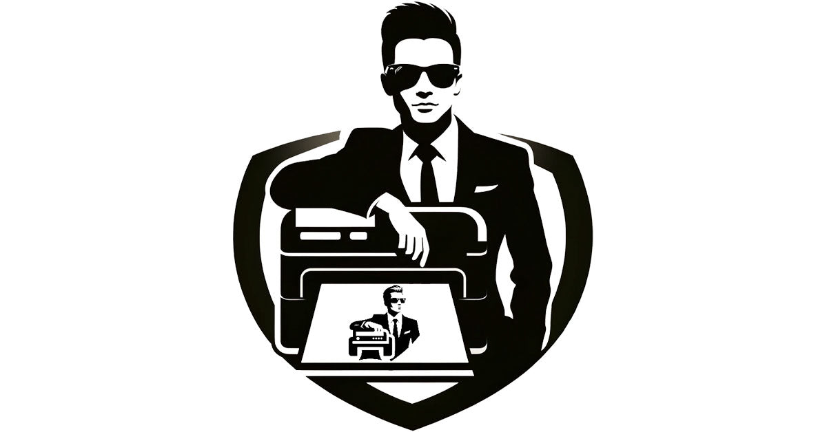 Elegant Logo for 'A Guy With A Printer' Featuring a Silhouette of a Man in a Suit with Ray-Ban Wayfarers, Leaning Against a Print Icon, Symbolizing Sophistication and Expertise in the Printing Industry, Ideal for Brand Identity